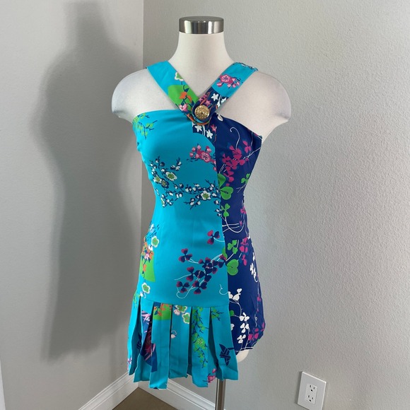 Versace for H&M Dresses & Skirts - Versace H&M Womens 2 Blue Floral 100% Silk Mini Dress Pleated Gold Button